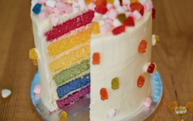Tarta Arco Iris, Montaje con Buttercream y Decoración con Toppings Haribo